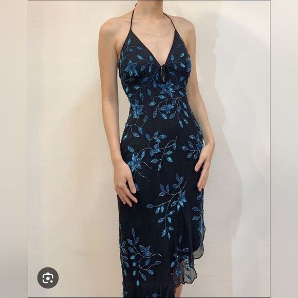 CACHE Vintage Asymmetrical Dress Embellished Glam Size Large Black Blue Y2K 90s - Picture 13 of 13